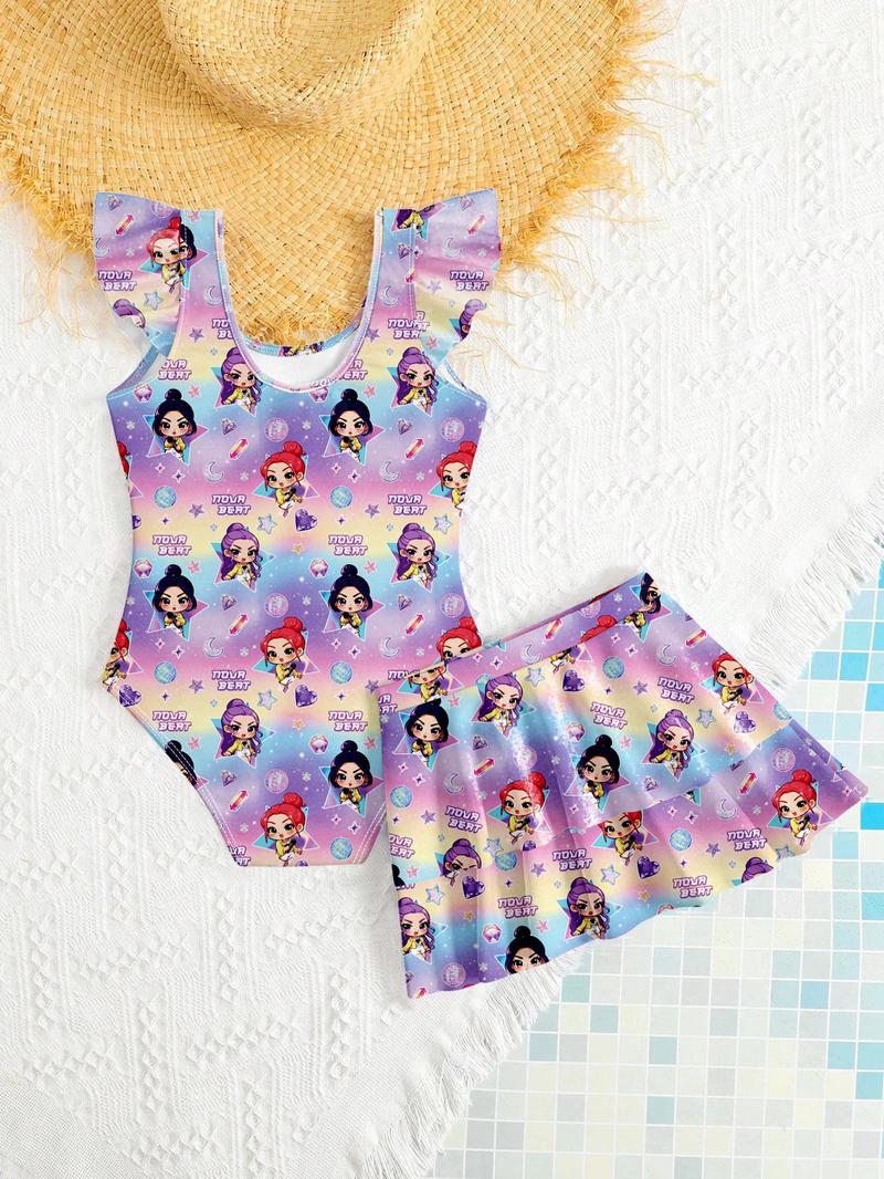 K-Pop Hunter Girl Group Swimsuit, Girls' Starry Sky Gradient Swimwear, Cartoon Character Print, Sweet Cool Two-Piece Bathing Suit, Swim Skirt Set