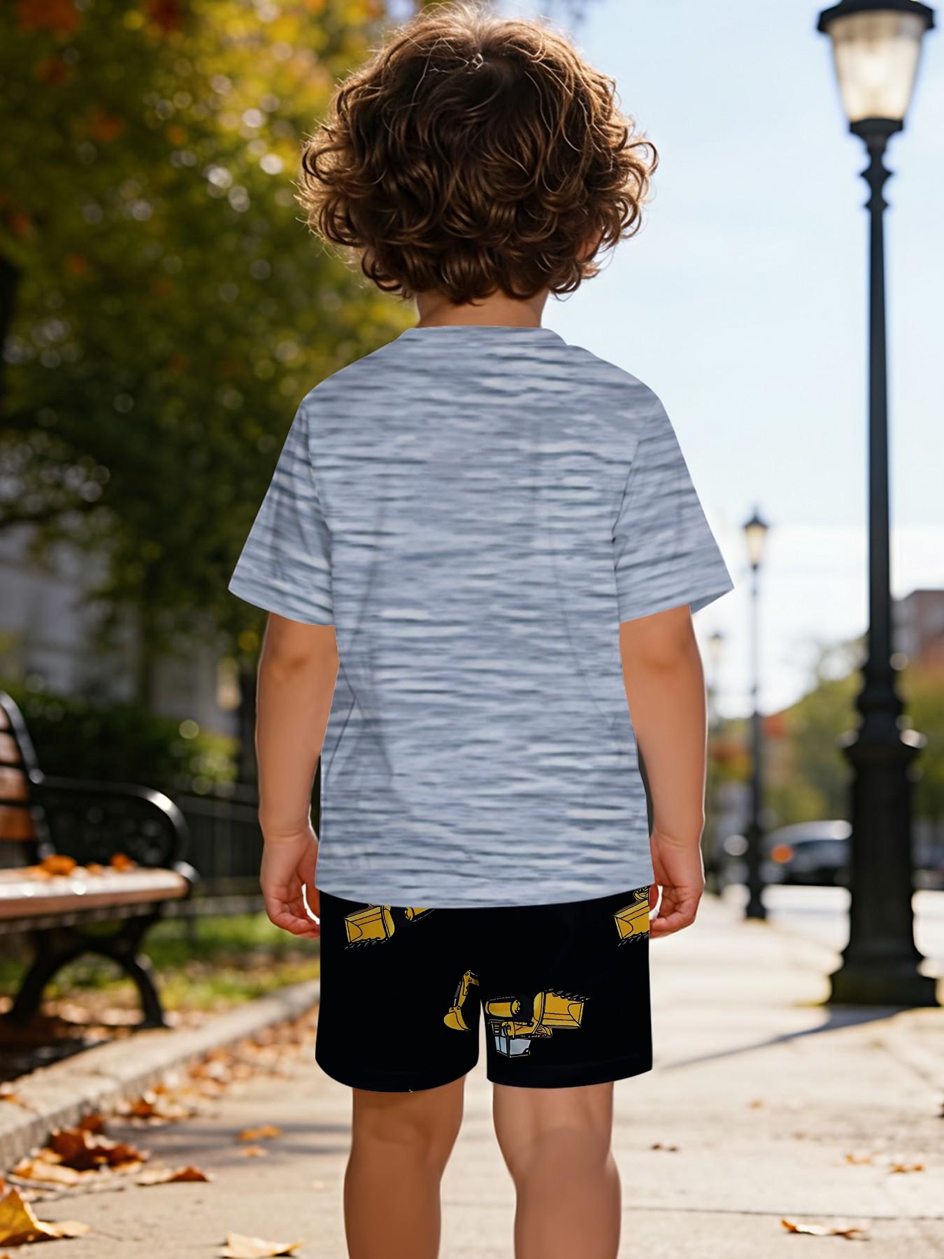 Vibrant Printed Infant Short-Sleeve Set for Little Engineering Vehicle Fans, Casual Kids' Clothing for Babies, T-Shirt Suitable for Daily and Outdoor Activities, 100% Polyester, a Perfect Gift for Infants!