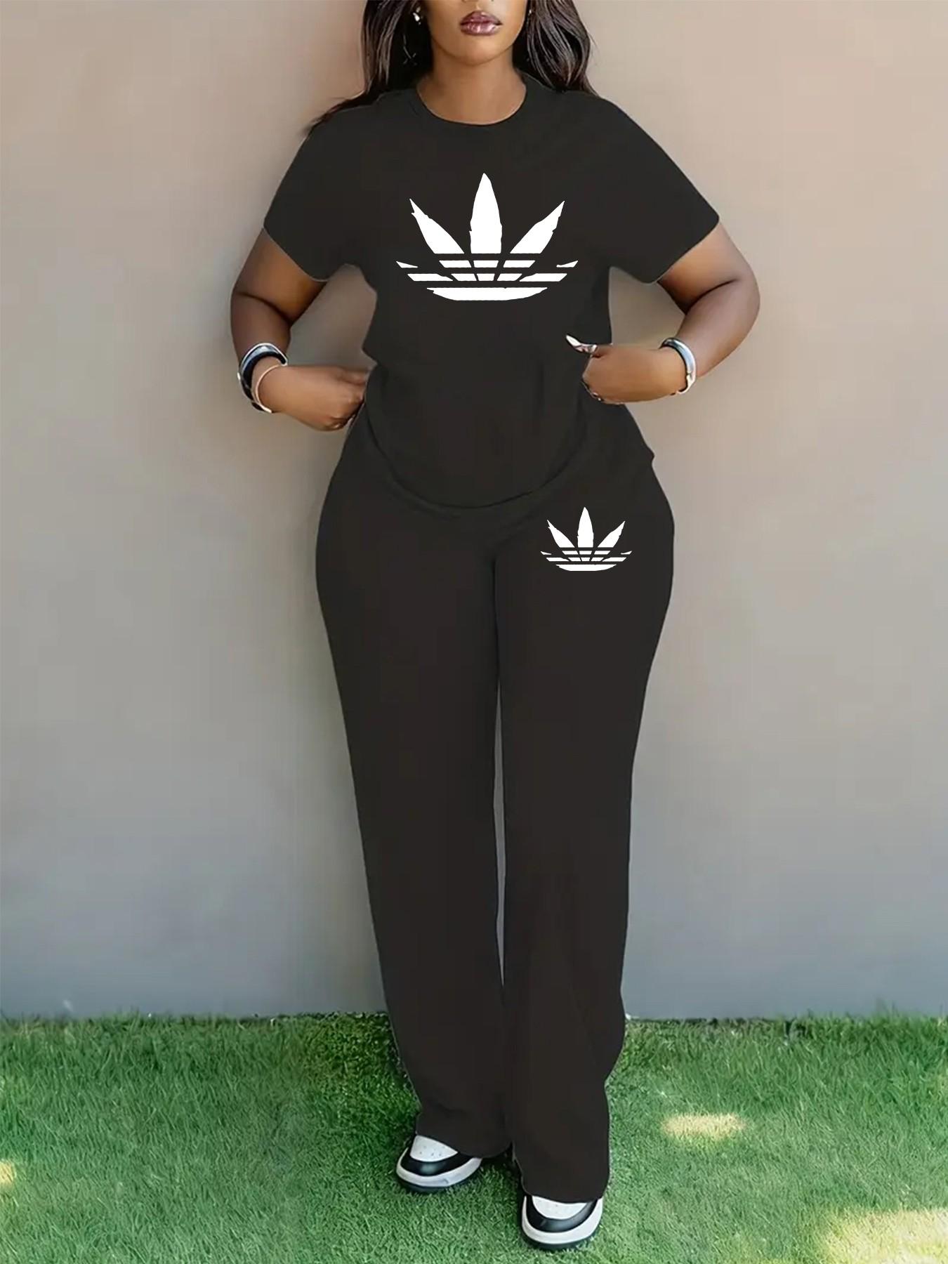 Women's Plus Size Spring Summer Fashion Print Round Neck Short Sleeve T-Shirt & Wide Leg Pants Two-Piece Set, Casual Pocket Design