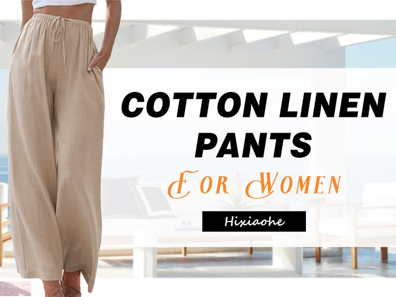 Hixiaohe Womens Cotton Linen Palazzo Pants Drawstring Elastic High Waist Trousers Casual Wide Leg Pants with Pockets TikTokShopBlackFriday
