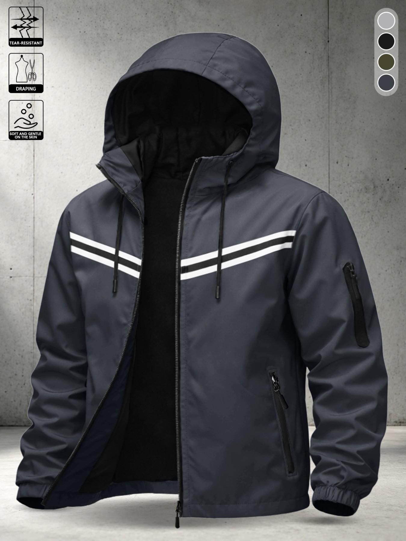 Men's Minimalist Daily Loose Fit Hooded Flying Jacket, Long Sleeve Print Casual Outerwear, All Seasons Short Open Front Coat