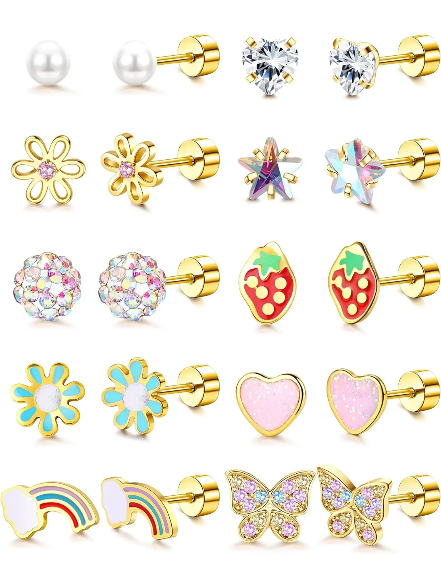 10 Pairs Hypoallergenic Flat Back Earrings, Surgical Steel Screw Back Studs, Cute Flower Butterfly Jewelry, Perfect Gift For Her, Artificial Zircon Earrings
