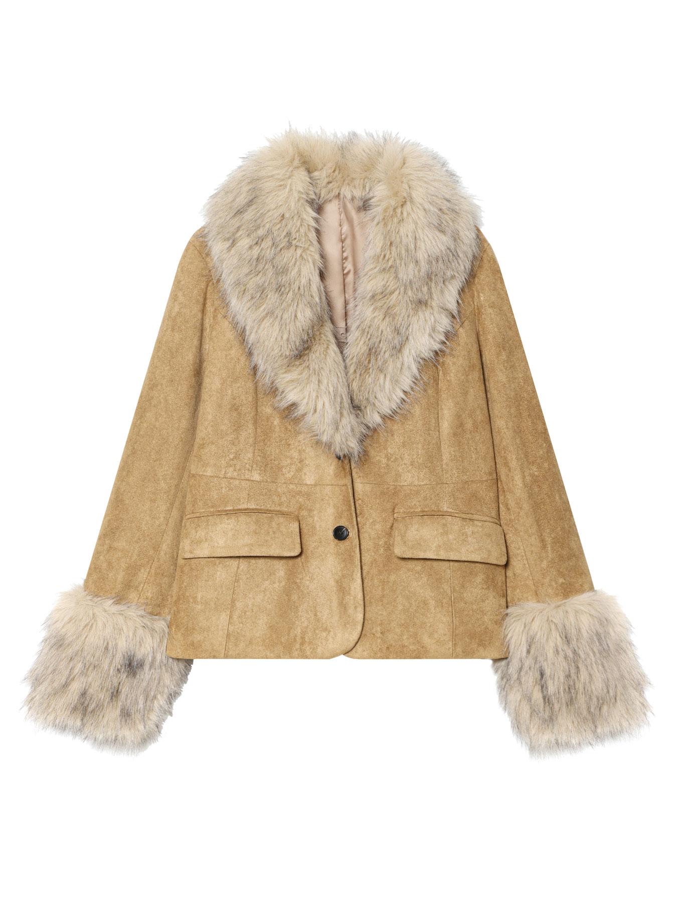 Women's Vintage Suede Jacket Coat, Faux Fur Trimmed Collar Cuffs and Button Design, Slim Fit Fall Winter Fashion Outerwear