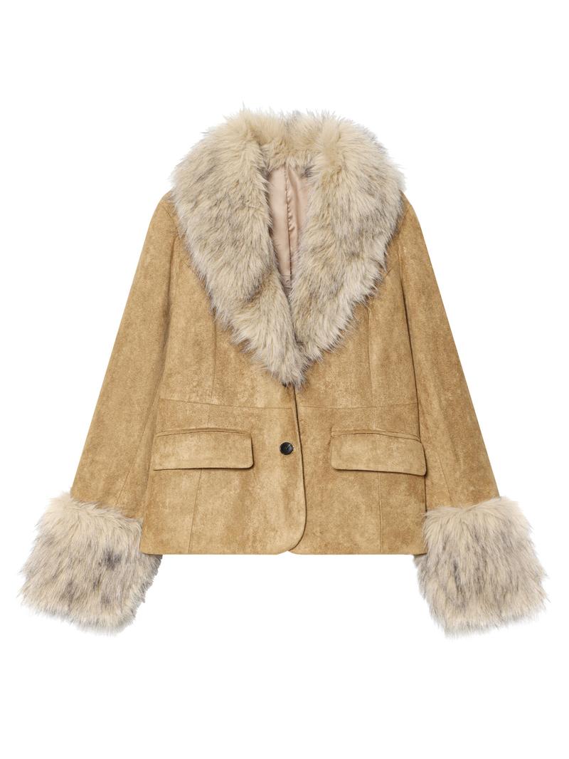 Women's Vintage Suede Jacket Coat, Faux Fur Trimmed Collar Cuffs and Button Design, Slim Fit Fall Winter Fashion Outerwear