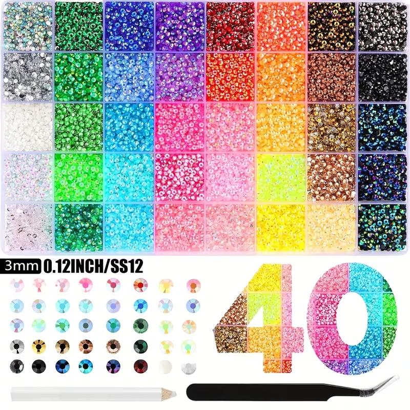 40000pcs 40 Color Jelly Rhinestone Decoration Set, 3mm Multi-Color Resin Flatback Gems, Includes Dedicated Pick-Up Tool,Fusion Bead Set，Suitable for DIY Crafts, Diamond Painting, Nail Art, etc., Sparkling Decoration Set