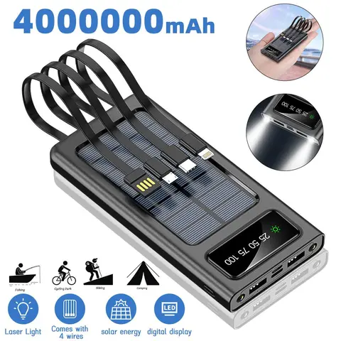 40000mAh Compact Handy Chargeable Mobile Sun Power Bank Charger with Durable Lithium Cable, Rain-Ready PVC Body, 3 Outputs, 1 Micro USB Input, Button-Controlled Flashlights, 5V2.1A Fast Charging for Smartphones, EDC Cool Gadgets
