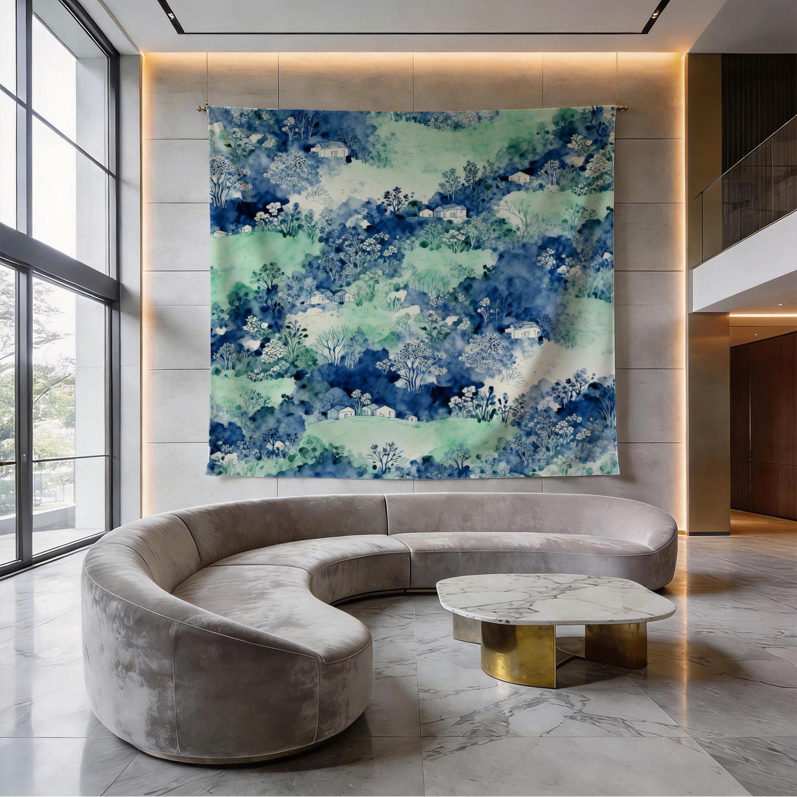 1 Piece Watercolor Landscape Checkered Tapestry, HD Digital Printed Wall Hanging Tapestries, Lightweight Fadeless Aesthetic Room Decor for Bedroom & Living Room, Easy to Hang, Add Vibrant Color to Your Space