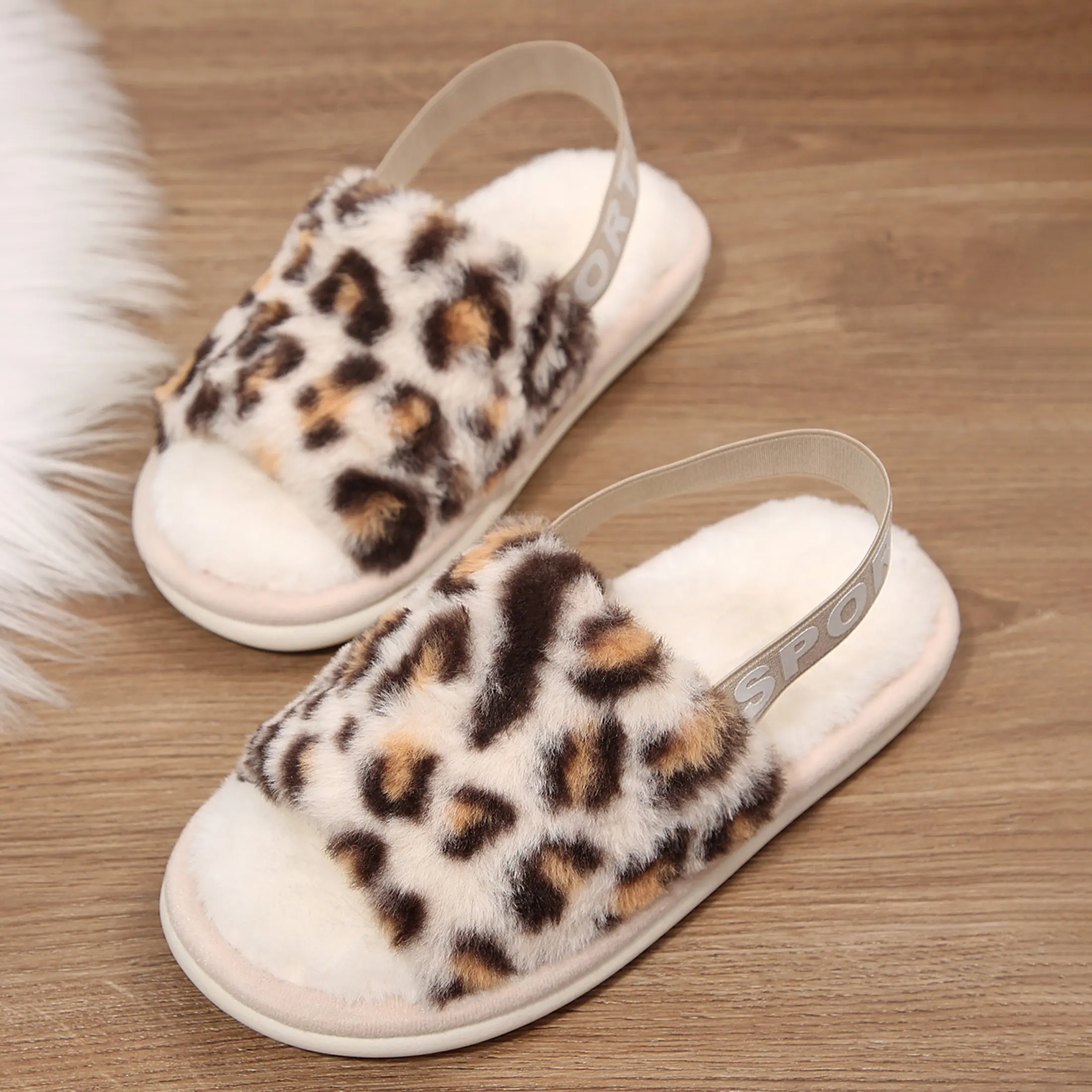 Womens Leopard Fuzzy Slippers Soft Plush Open Toe House Slide Sandals Indoor Spa Bedroom Flat Shoes with Elastic Strap