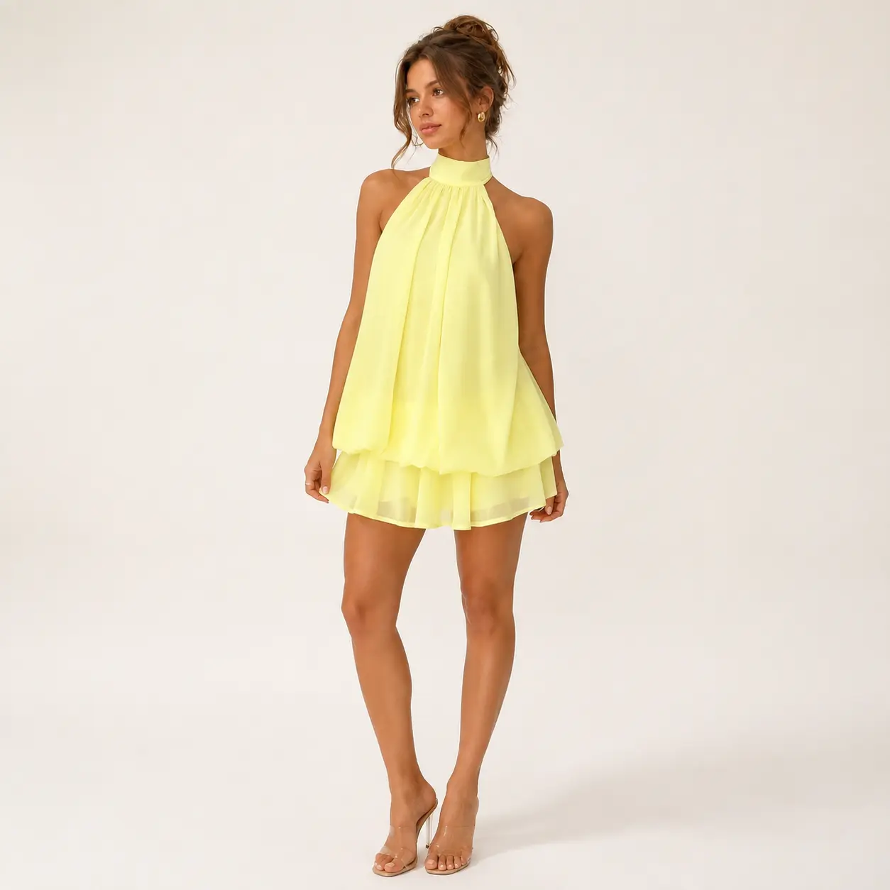 Women's Halter Neck Mini Dress, Backless Tie Neck Sleeveless Flowy Layered Swing Dress, Solid Color Summer Party Vacation Outfit, Casual Weekend Beach Dinner Dress for Women, S-XXL
