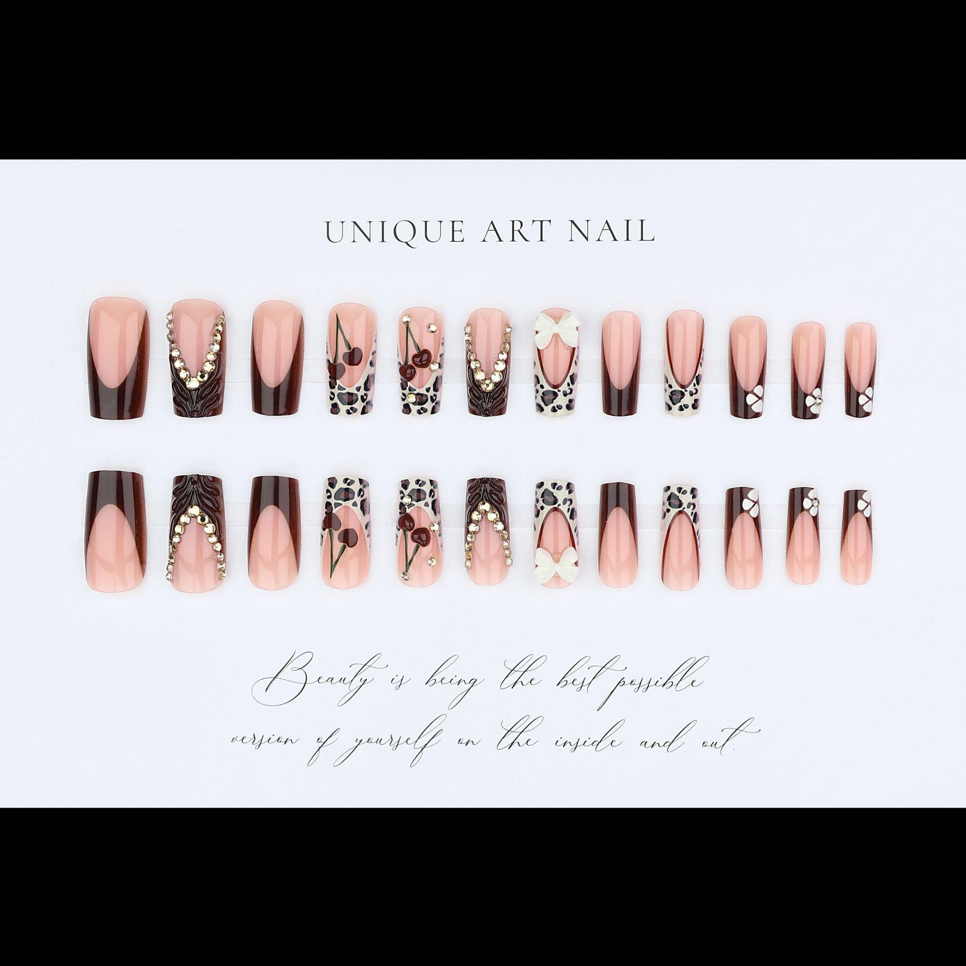 New Fashion Square Leopard Print Cherry Nail Tips, Nude Base with Wine Leopard Edge, Glitter Butterfly Design, Detachable False Nails