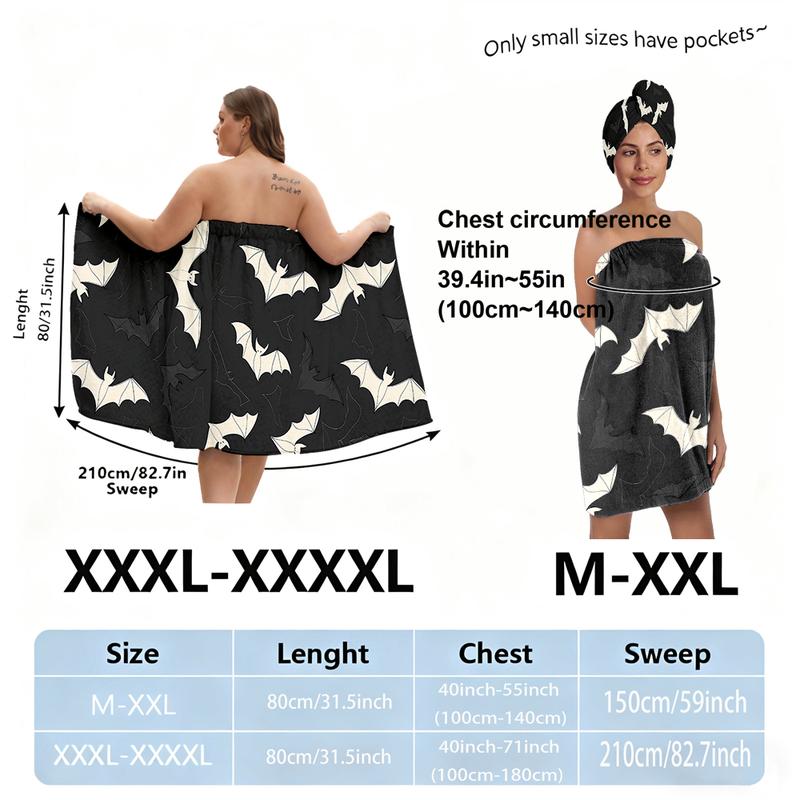 XXXXL plus-size bathrobe set, Halloween bat series, suitable for women, absorbent hair wrap towel for after bathing, spa, and swimming pool. A must-have for home/travel.