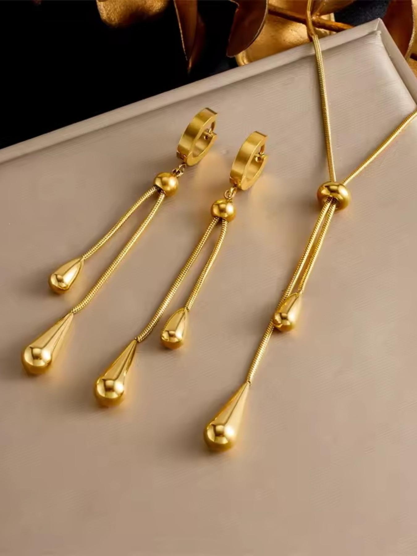 2Pcs 316L Stainless Steel Adjustable Water Droplet Tassels Necklace Earrings Women New Golden Fashion Jewelry Set Party Gifts