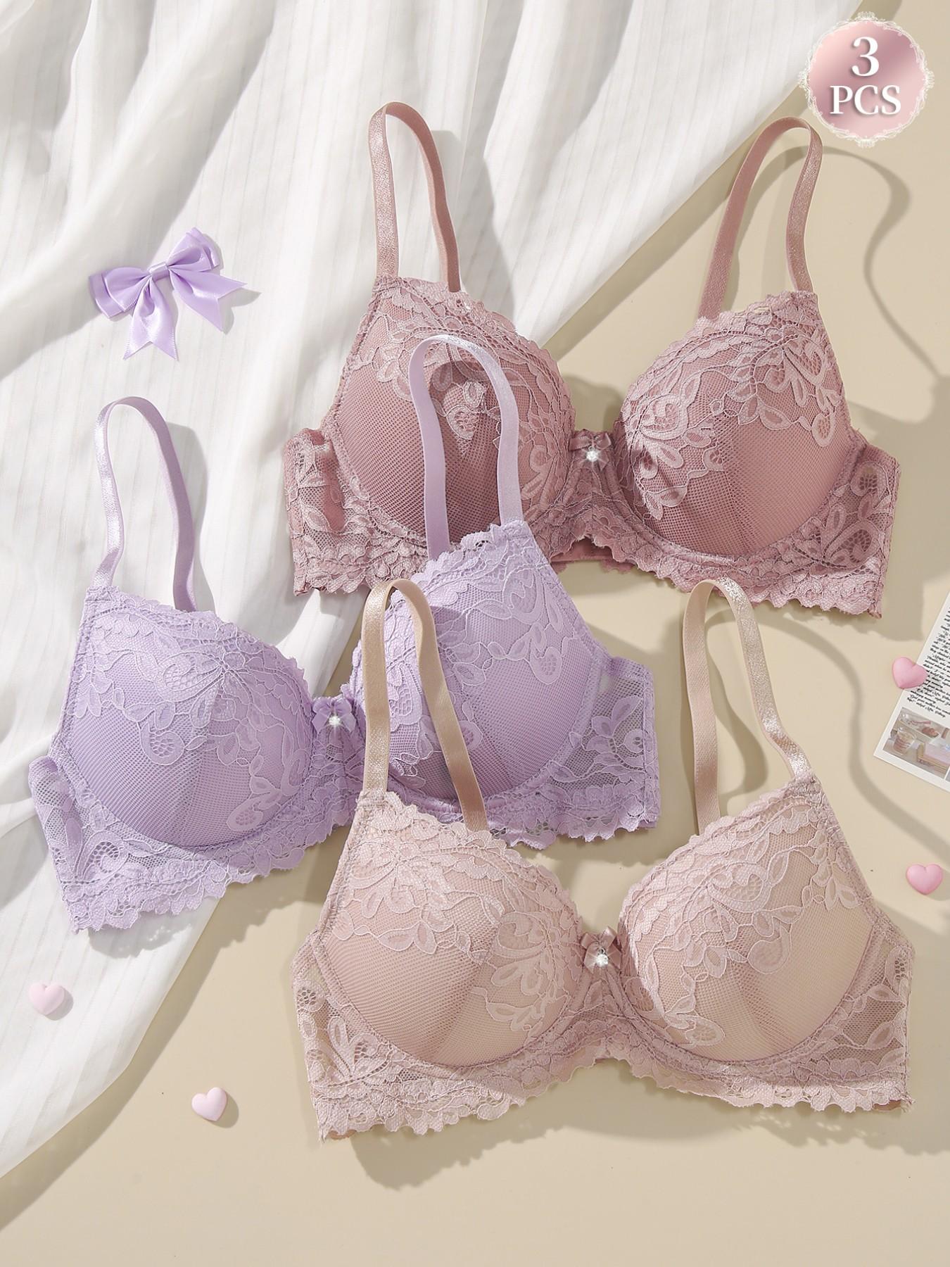 Women's Floral Lace Underwired Molded Bra with Bow and Adjustable-Straps, Comfortable Breathable Medium Push-Up Bra for Women, Lingerie for Daily Wear