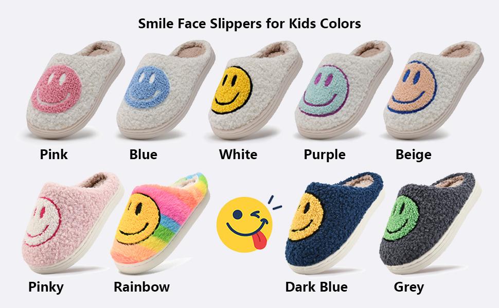 Lumubby Cute Kids Smile Face Slippers for Girls Boys Soft Plush Non-Slip Toddler House Slippers Indoor Outdoor Faux Fur Lined Fluffy Cozy Rubber Sole