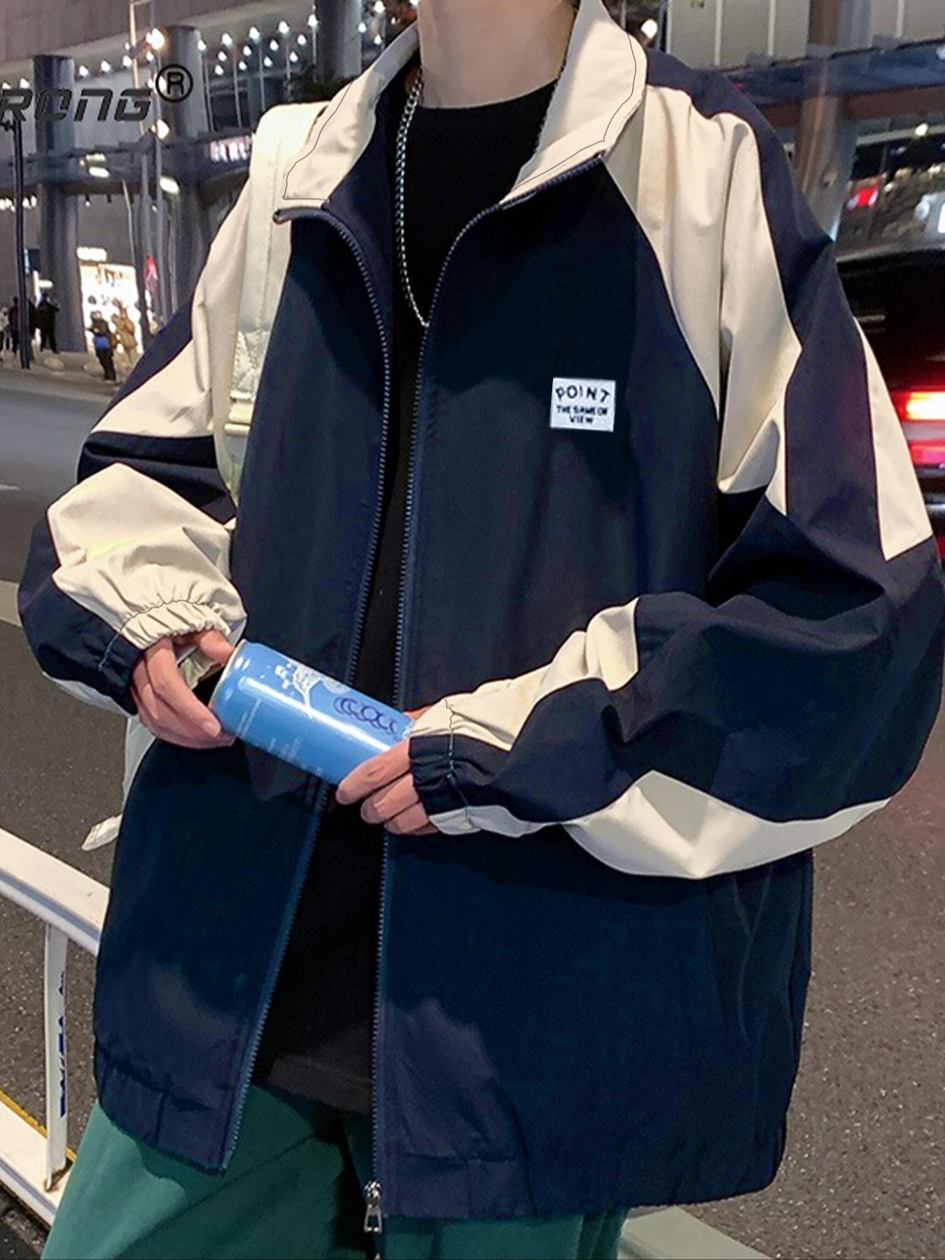 Men's Vintage Colorblock Collar Jacket Coats, Casual College Style Outerwear, Trendy Simple Men's Essential Baseball Vest