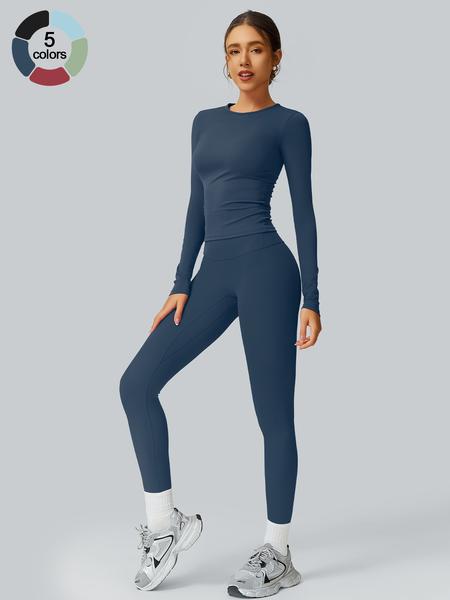 Women's Solid Long Sleeve Tee & High Waist Leggings Tracksuit Set, Sporty Round Neck Top & Skinny Pants Outfits for Gym Workout Running, Ladies Fall & Winter Sportswear, Sweatsuit Sets