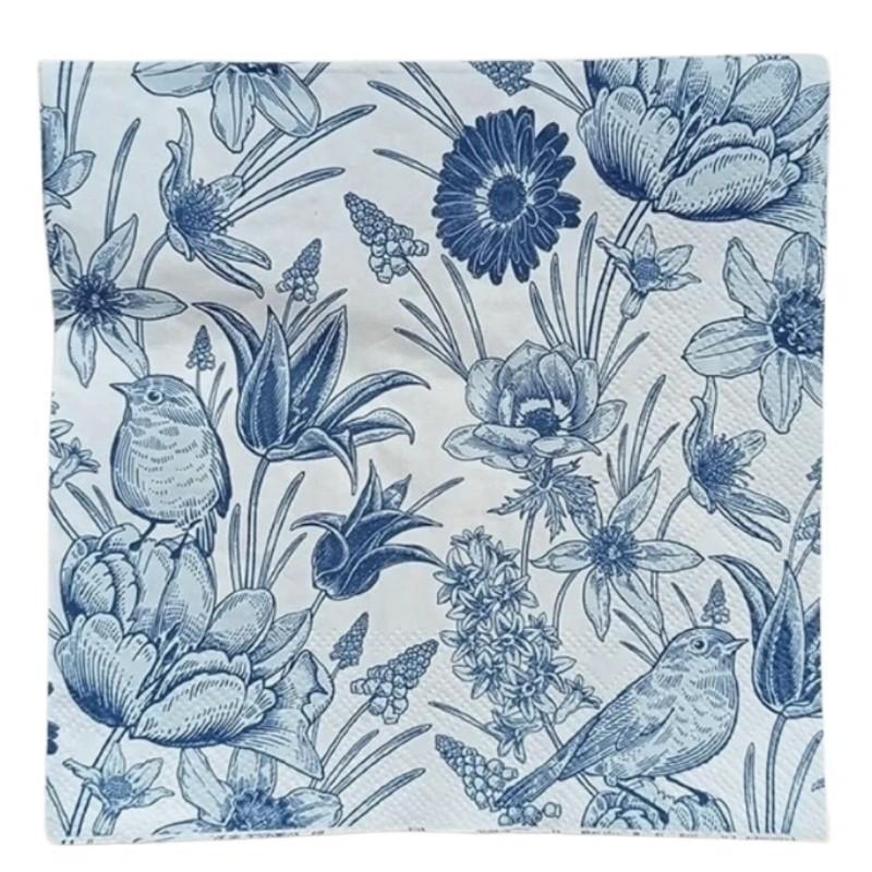 Blue Floral Bird Pattern Napkins, 2 Packs (20 Sheets/pack), Traditional Style Disposable Napkins for Wedding Party Decorations