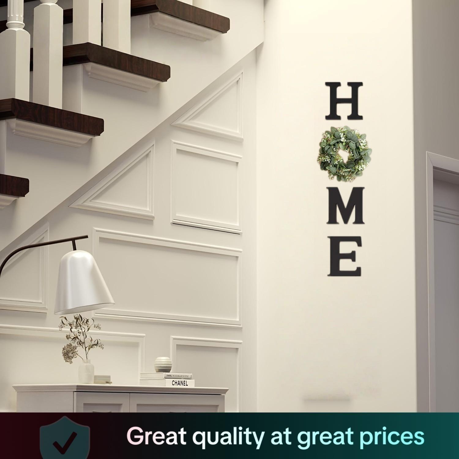 Wooden HOME Letters with Artificial Eucalyptus Wreath, Modern Hanging Farmhouse Sign, Wall Decor for Living Room and Kitchen and Christmas