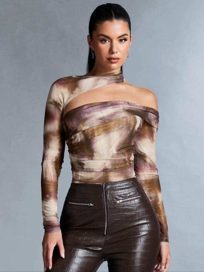 Women's All Over Print Bodysuit, Elegant Fashion Long Sleeve Bodysuit for Club Party, Women's Clothing for Spring & Fall