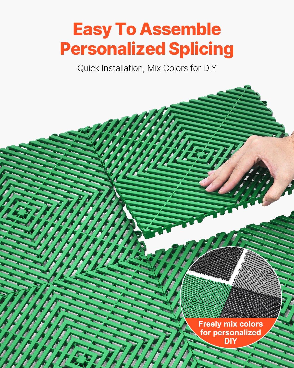 VEVOR Interlocking Drainage Mat, 50 Pcs Modular Interlocking Cushion, 12" x 12" Splicing Drainage Mats, Non-Slip Green PP Drainage Floor Tile and Shower Mat, for Garage, Garden, Kitchen & Outdoor