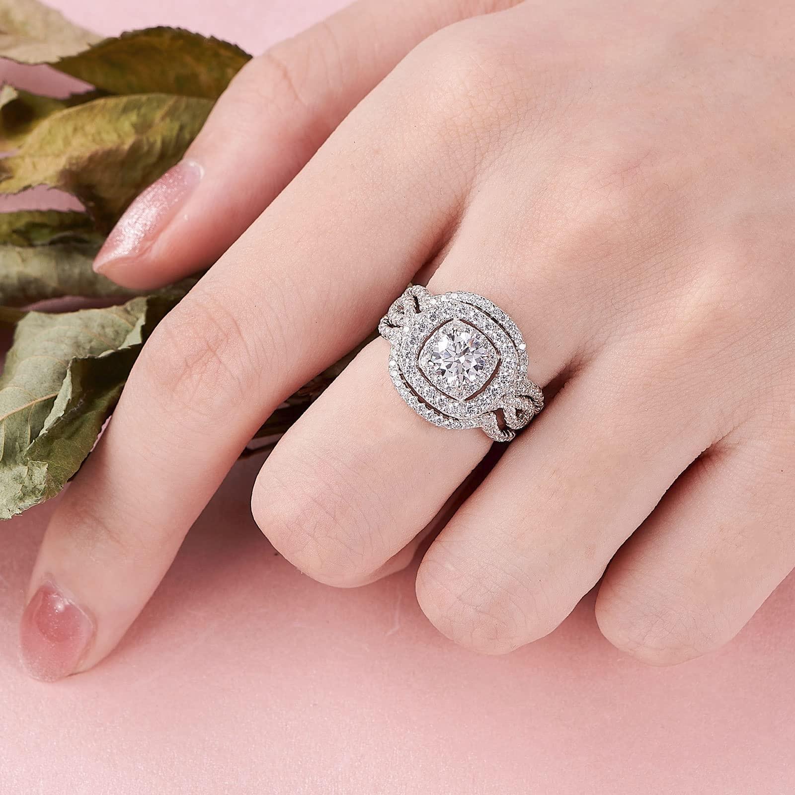 S925 Sterling Silver Double Halo Engagement Wedding Rings for Women Luxury Cubic Zirconia 3Pcs Ring Set Size 5-10