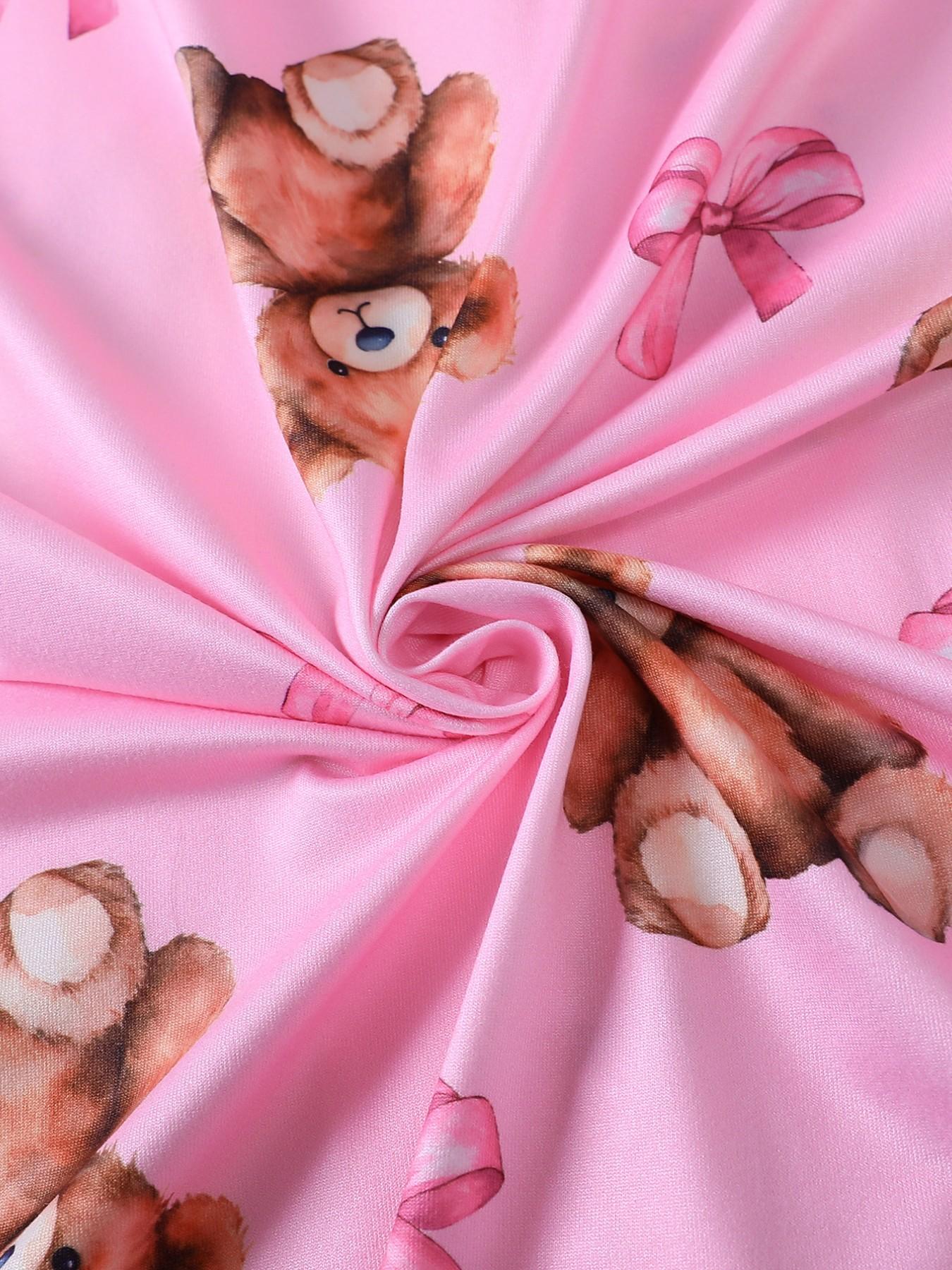 2 Piece Women's Pajamas Set, Pink Teddy Bear Bow Print Short Sleeve Sleepwear, Lapel Button Down Top with Pocket, Elastic Waist Shorts, Cute Cartoon Bear Comfy Loungewear for All Seasons, Daily Casual Homewear