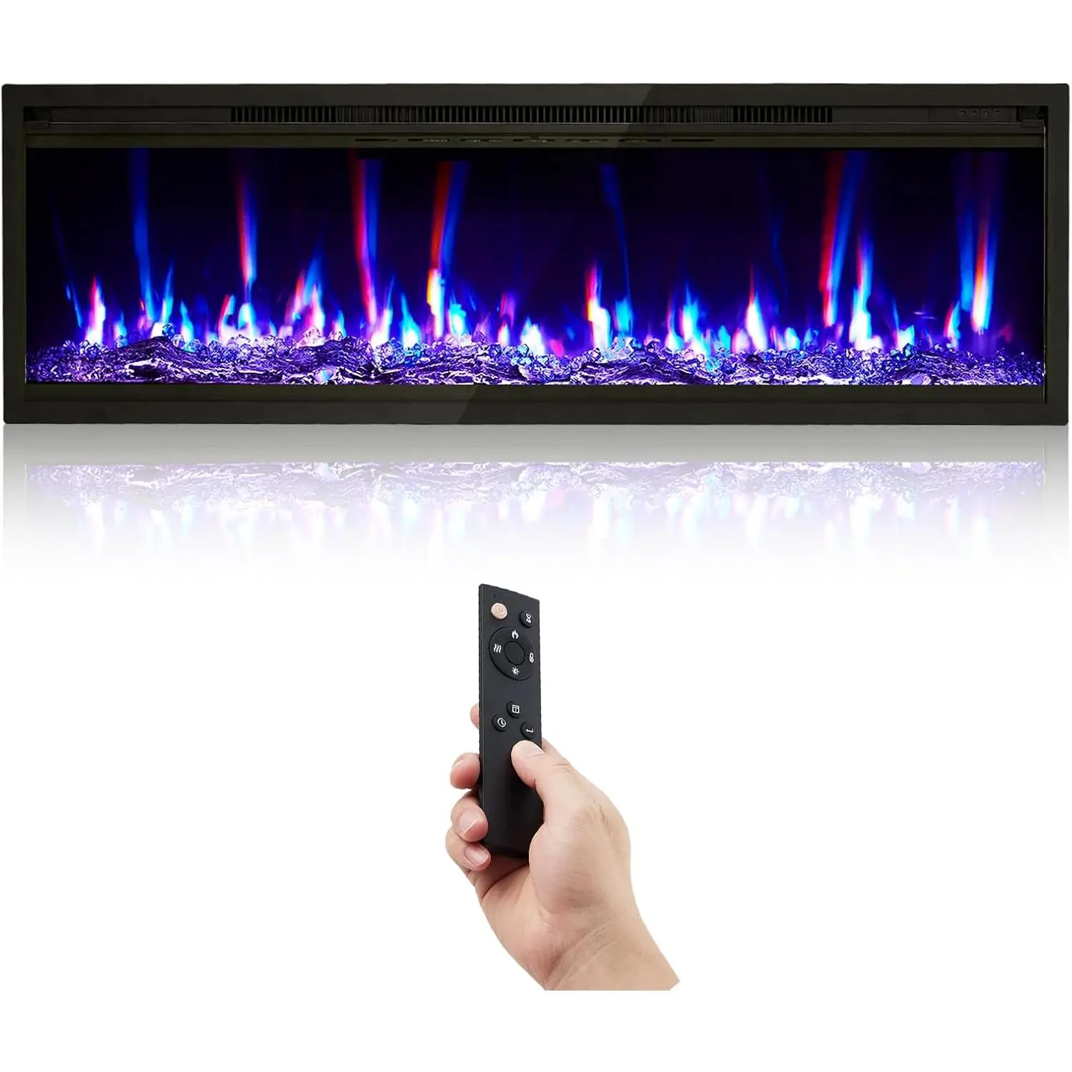 42-Inch Electric Fireplace Wall Mounted or Recessed, Ultra-Thin 4.2” Design with Remote Control, 12 Color Flame Effects, Adjustable Timer, 750W/1500W Heater, Log/Crystal