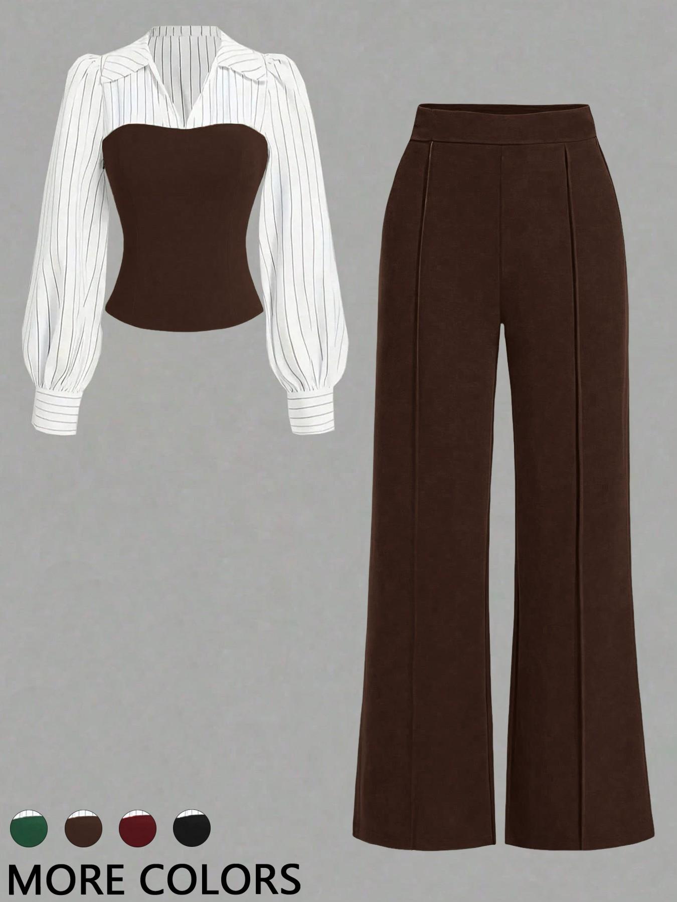 Women's Long Sleeve Colorblock Patchwork Shirt Set, Slimming Waist Design, Straight Leg Pants, Casual Fashion, 2 Piece Set