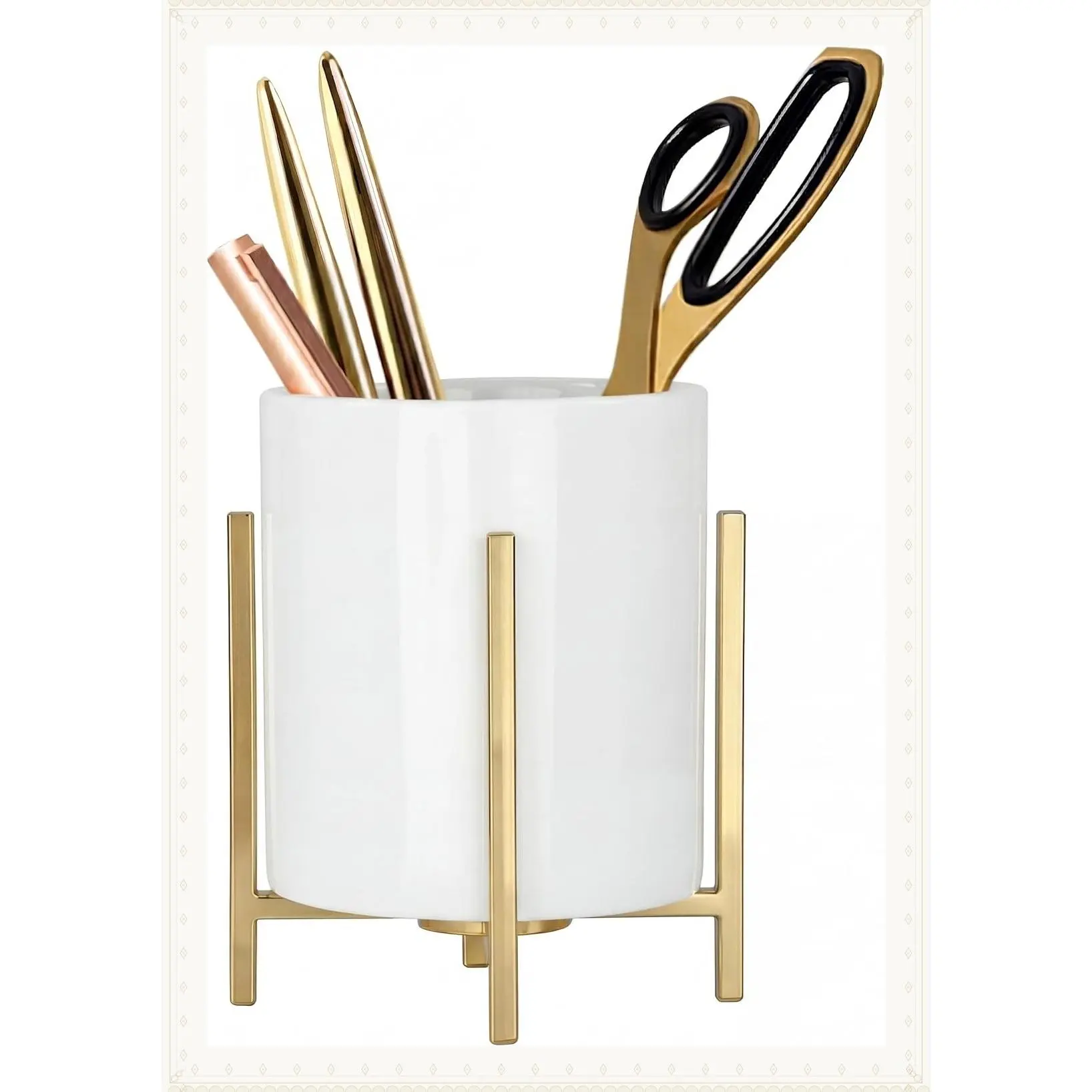 4.72" Gold Pen Holder Aesthetic Pencil Holder for Desk, Gold Desk Organizers and Accessories for Women Girls, Ceramic Pen Holder for OfficeGift