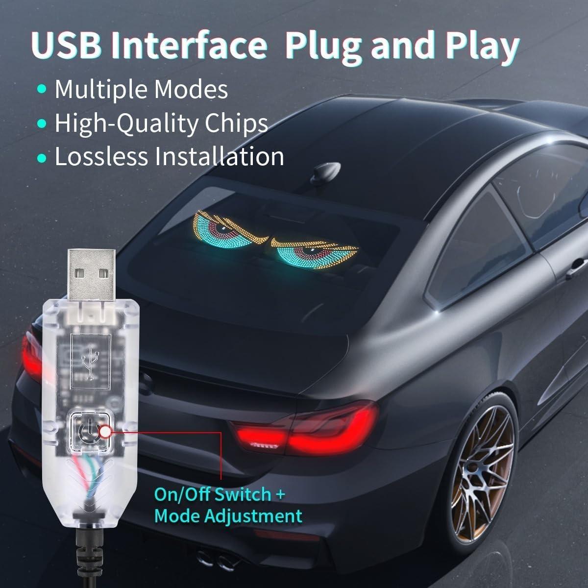 11 Modes Dynamic Demon Eye Car Logo Sticker Light USB plug-and-play windshield decor lamp with no wiring required. Long press for power on/off, single key to switch light modes. Self-adhesive backing enables hassle-free tool-free installation.