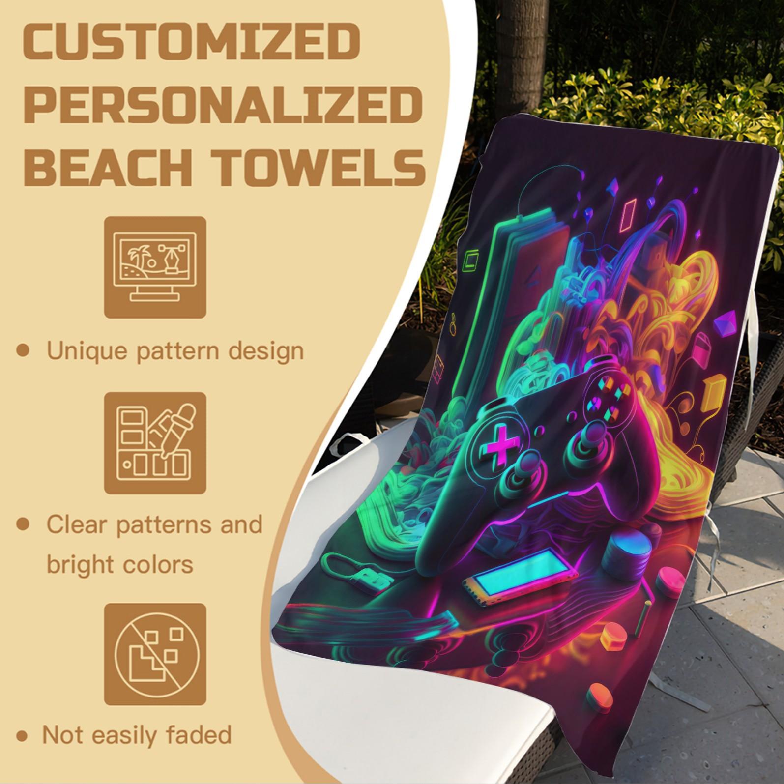 Neon Game Controller Print Beach Towel, a Unique Cyberpunk‑Style Game Controller Beach Towel, Perfect for Beach Vacations, Poolside Fun, and Outdoor Camping—Creating a Trendy and Cool Summer Getaway Experience