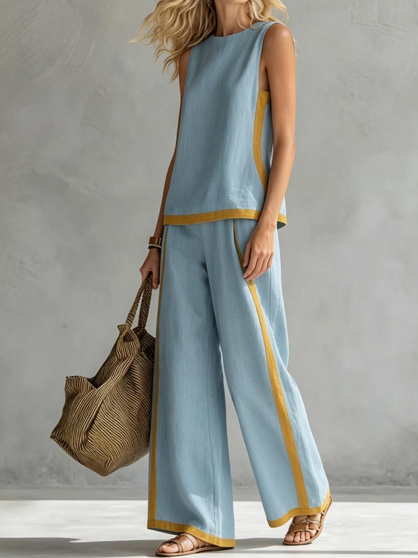Women's Casual Loose color blocked sleeveless wide leg two-piece set, Colorblock casual set, with breathable surface suitable for commuting, daily wear. Multiple colors available
