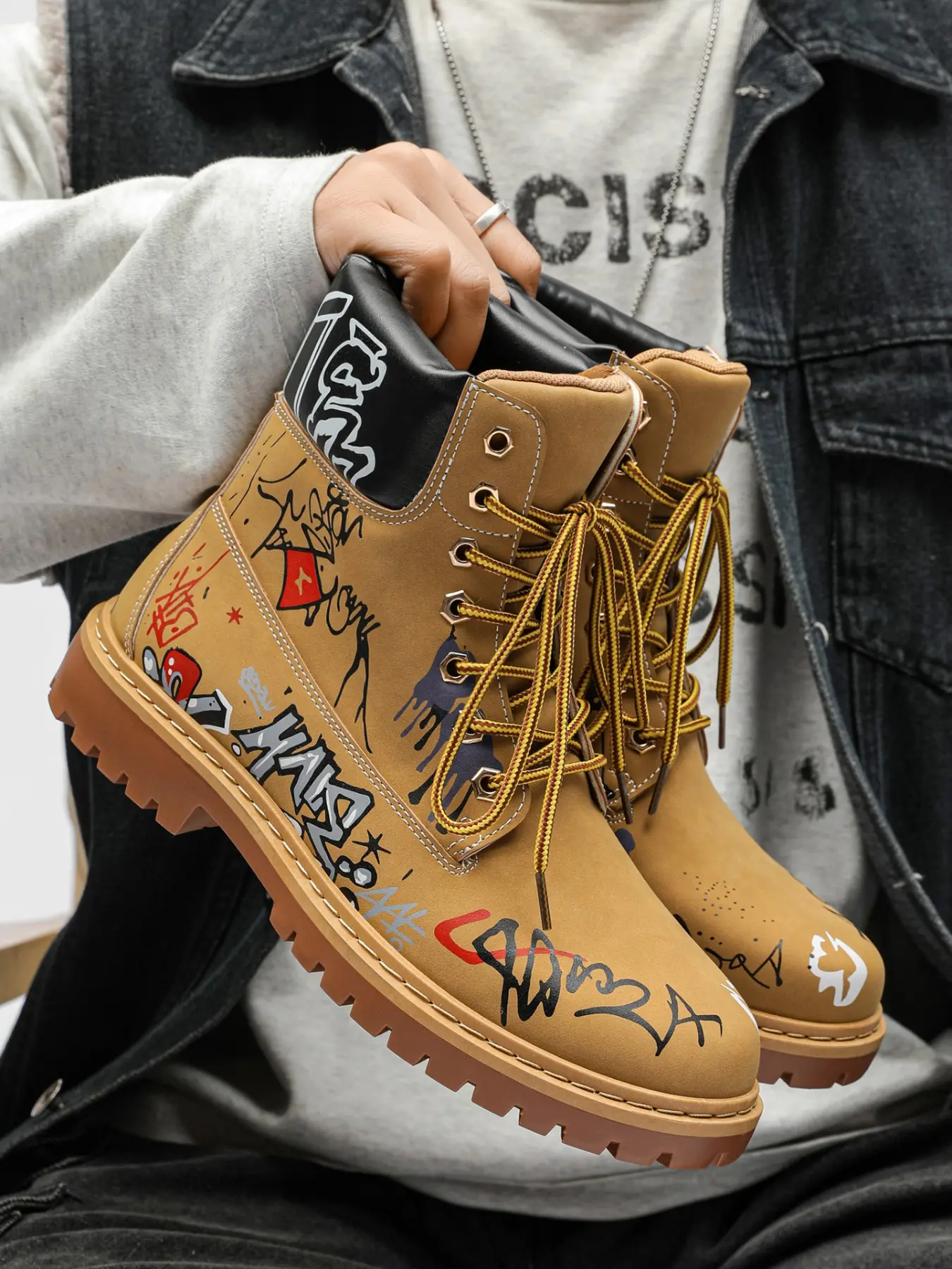 1 Pair of Men's Stylish Graffiti High-Top Boots | Streetwear Style | Classic Wheat Boot + Hand-Painted Graffiti + High-Top Wrap + Wear-Resistant Rubber Outsole | Street Style / Trendy Outfits / Bold Looks, Eye-Catching Street Combat Boots