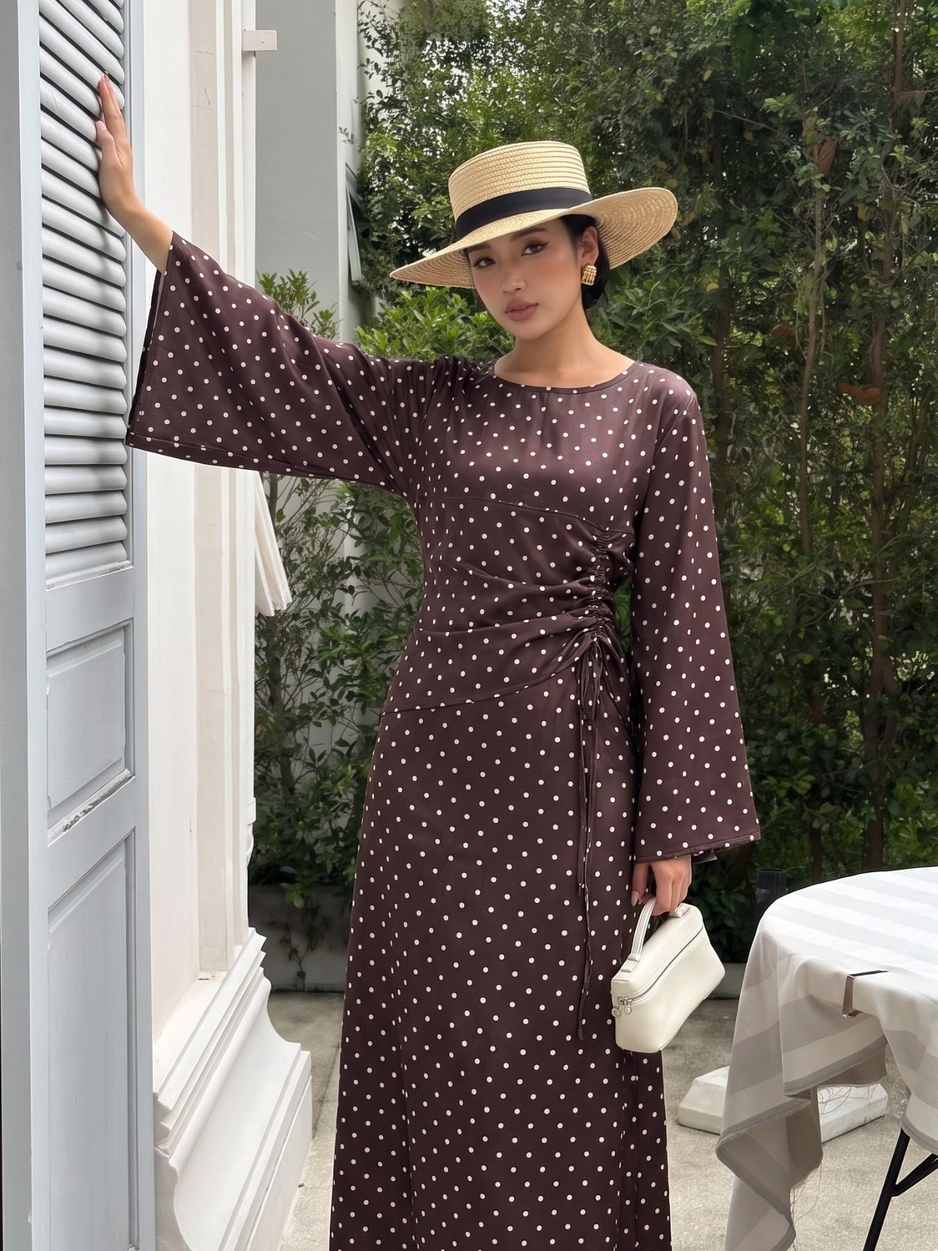 Elegant Casual Drawstring Polka Dot Long Sleeves Abaya Long Dress, Perfect for Parties, Holidays, Ramadan, Valentine's Day, Dates, Various