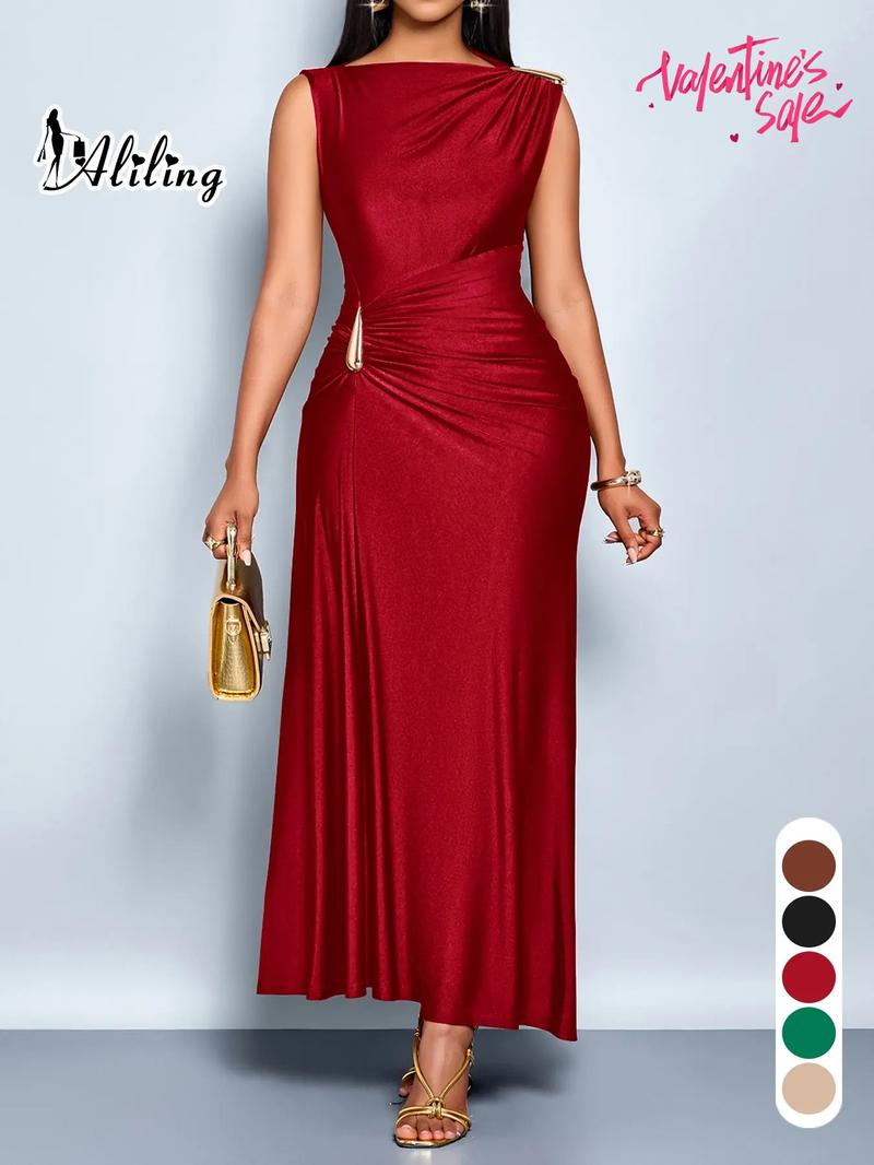 Aliling Elegant Sleeveless Midi Dress for Women High Waist Folds Boat Neck Bodycon Solid Female Evening Sexy Clothing Perfect for Party and Dates