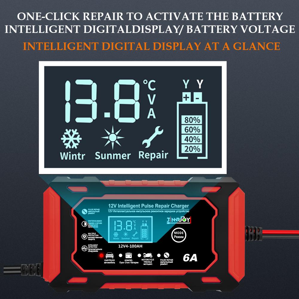 12V 6a Pulse Repair Charger for Cars & Motorcycles, LCD Battery Display, Magnetic Material, Auto Switch Mode, Overcharge Protection