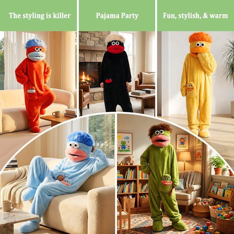 Fun Onesie Party Set, Comfortable Hooded Flannel Pajama Three-Piece Set, Includes Pajamas, Comb, and Shoe Covers, Cute Monster Pattern