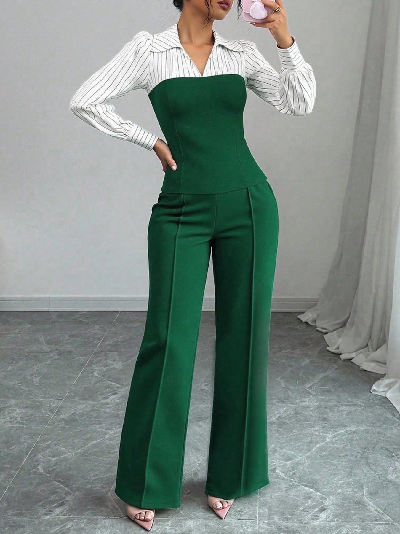 Women's Long Sleeve Colorblock Patchwork Shirt Set, Slimming Waist Design, Straight Leg Pants, Casual Fashion, 2 Piece Set