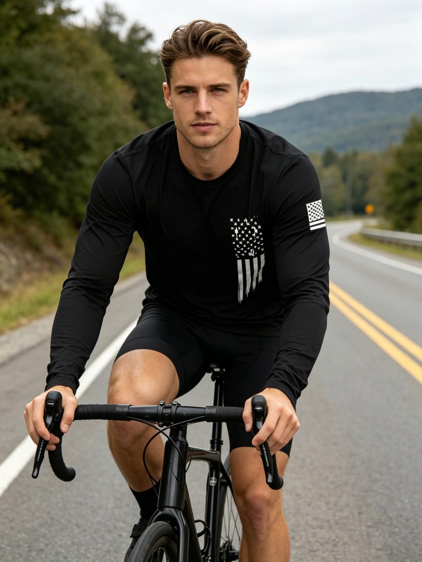4 Pack Men's Round Neck Long Sleeve T-Shirts, Casual Knitwear Top, Slight Stretch, Flag Print, Quick Dry, Gym, Running, Outdoor Activities
