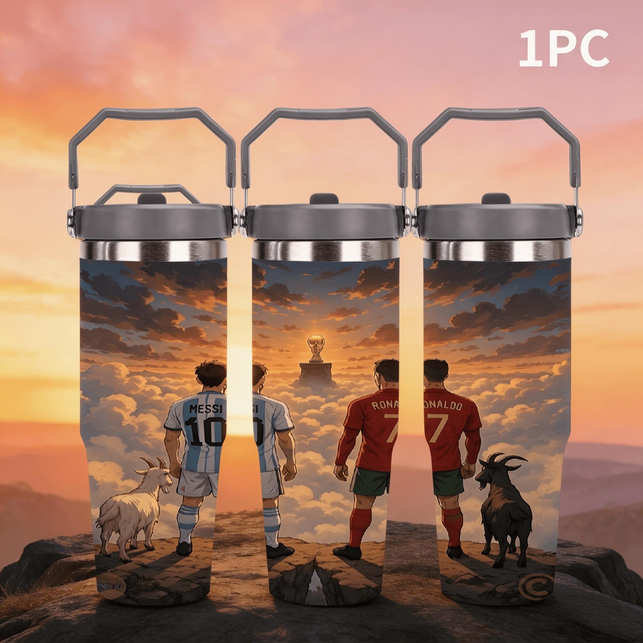 1pc 30oz stainless steel large-capacity car water bottle, featuring Messi and Ronaldo together. for fans of Messi and Ronaldo, football enthusiasts. Multiple patterns are available for selection. Outdoor camping Coffee Cups & Mugs