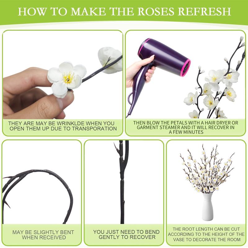 12/24Pcs Winter Artificial Flowers White Plum Silk Blossom 21.7'' Fake Wintersweet Long Stem Plastic Faux Flowers for Home Hotel Office Wedding Party Garden Centerpieces All Season Decor Decoration Ornaments(vase not included)