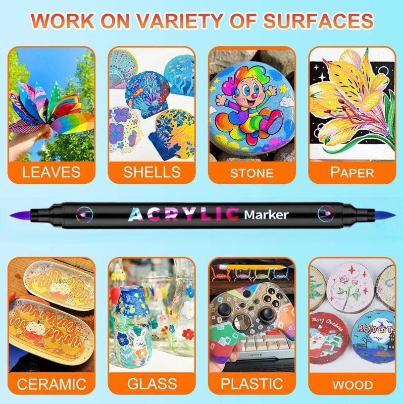 Acrylic Paint Markers Pens Set, Dual Tip Dual-Color Brush Tips Acrylic Paint Pens, Creative Coloring Markers, Acrylic Drawing Markers for Rocks, Wood, Canvas, Stone, Fabric, Plastic DIY Art Supplies Back to school