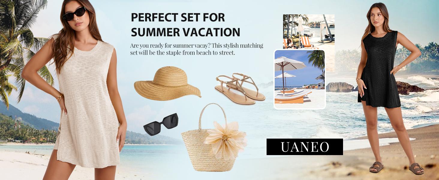 UANEO Women's  2 Piece Outfits Summer Knit Sweater Set Sleeveless  Tunic  Top Matching Shorts Trendy Beach Vacation Sets TikTokShopBlackFriday