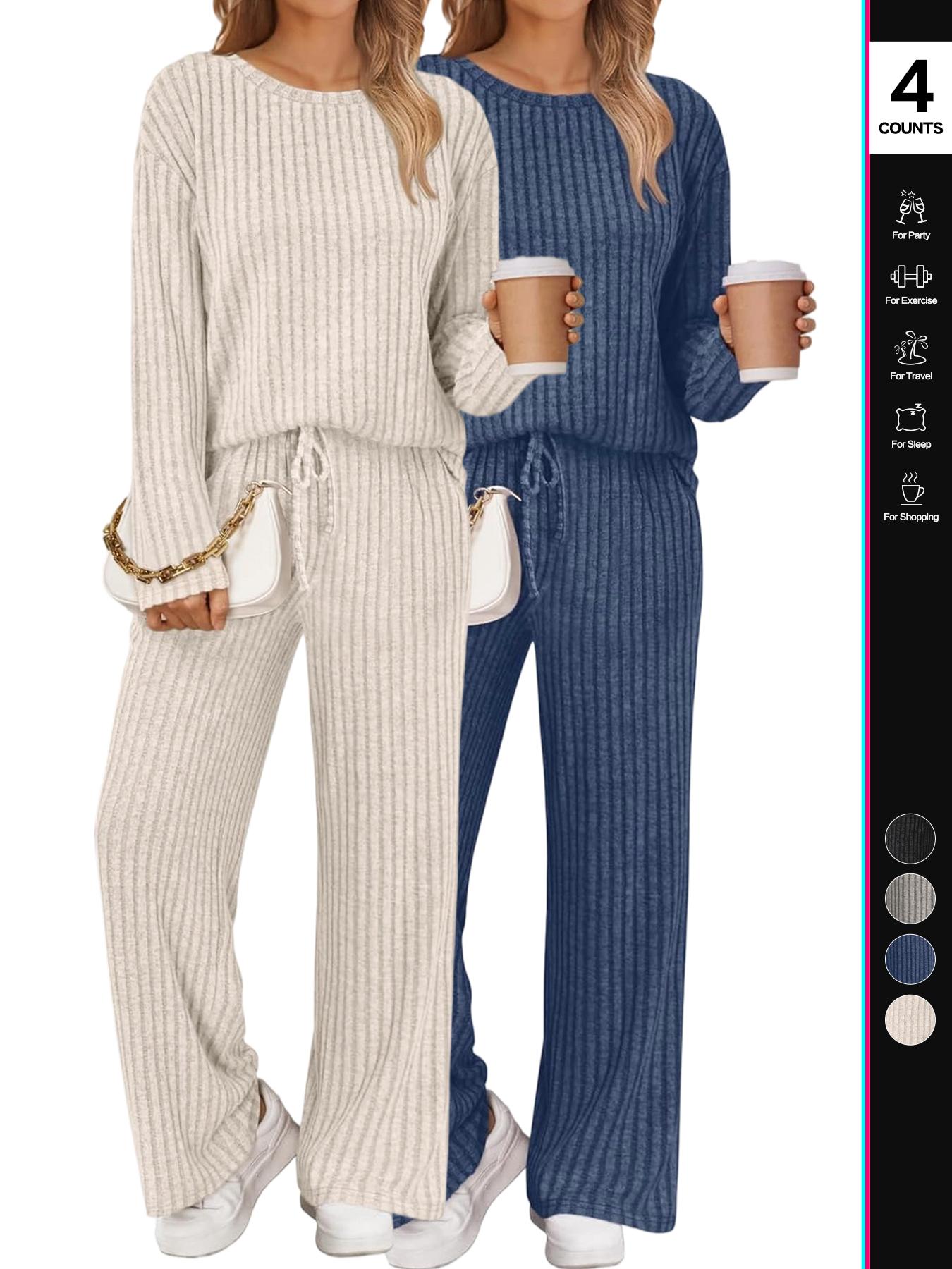 Womens Lounge Sets 2 Piece Matching Pajamas Fall Fashion 2025 Ribbed Knit Outfits Long Sleeve Casual Sweatsuits