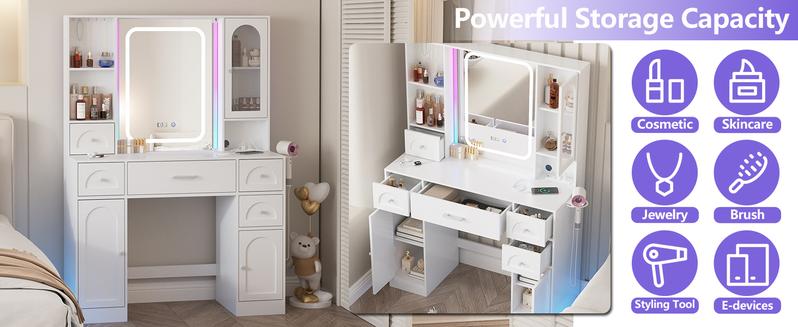 Vabches 41.3in(L) Makeup Vanity Desk with Lights,Makeup Vanity with RGB Lights and Power Strip,Vanity Table with 5 Drawers Lots Storage & Time Display,3 Lighting Modes Vanity Mirror with Lights