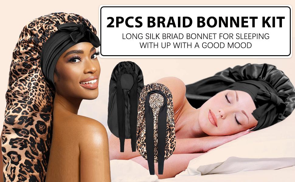 【Spring Glow-Up】Women's Satin Braid Bonnet - 2 Count Large Long Silk Sleep Cap with Stretchy Tie Band for Braid Multifunctional Elastic Heatless (Black&Leopard Print) 【Spring Glow-Up】Women's Satin Braid Bonnet - 2 Count Large Long Silk Sleep Cap with Stretchy Tie Band for Braid Multifunctional Elastic Heatless (Black&Leopard Print)