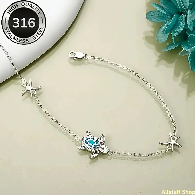 4pcs Nautical Turtle Jewelry Set - Hypoallergenic Stainless Steel Animal Charm Bracelet Anklet Earrings Set
