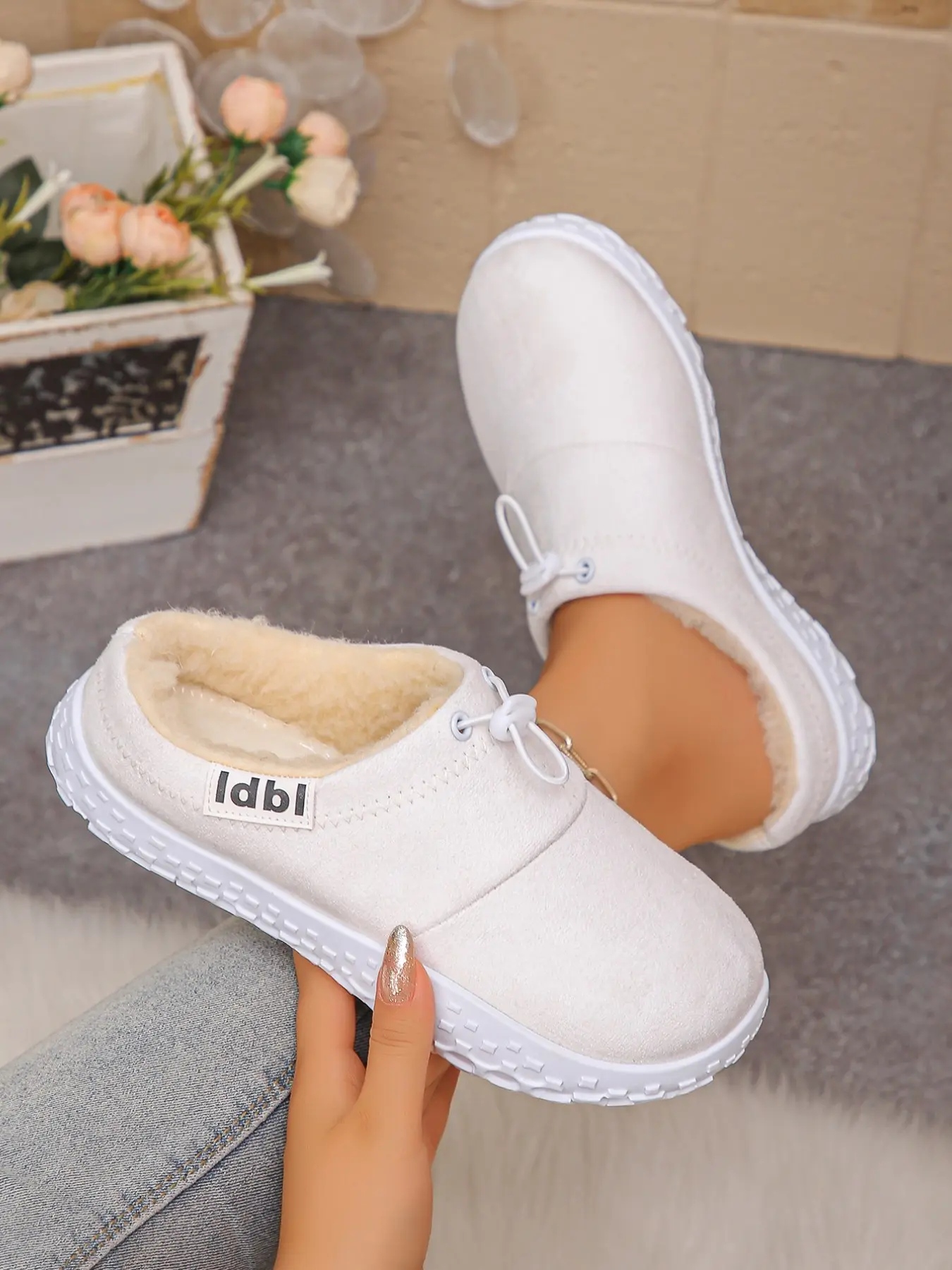 Women's Fuzzy Plush Lined Mule Slippers, Soft Sueded Fabric Upper, Adjustable Drawstring Slip‑on Backless Clogs, 3.5cm Low Thick Sole Closed Toe Winter Indoor‑Outdoor Mules, Cozy Casual Warm Fashion Slides for Daily Walking Multi‑Color Options