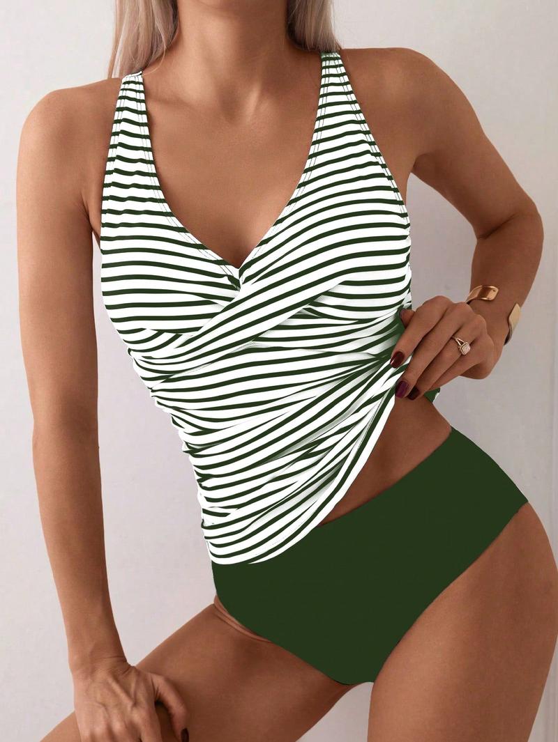 Women's V Neck Two-Piece Swimsuit Set, High Waist Swimwear with Ruched Top, Slimming Belly Control Bathing Suit