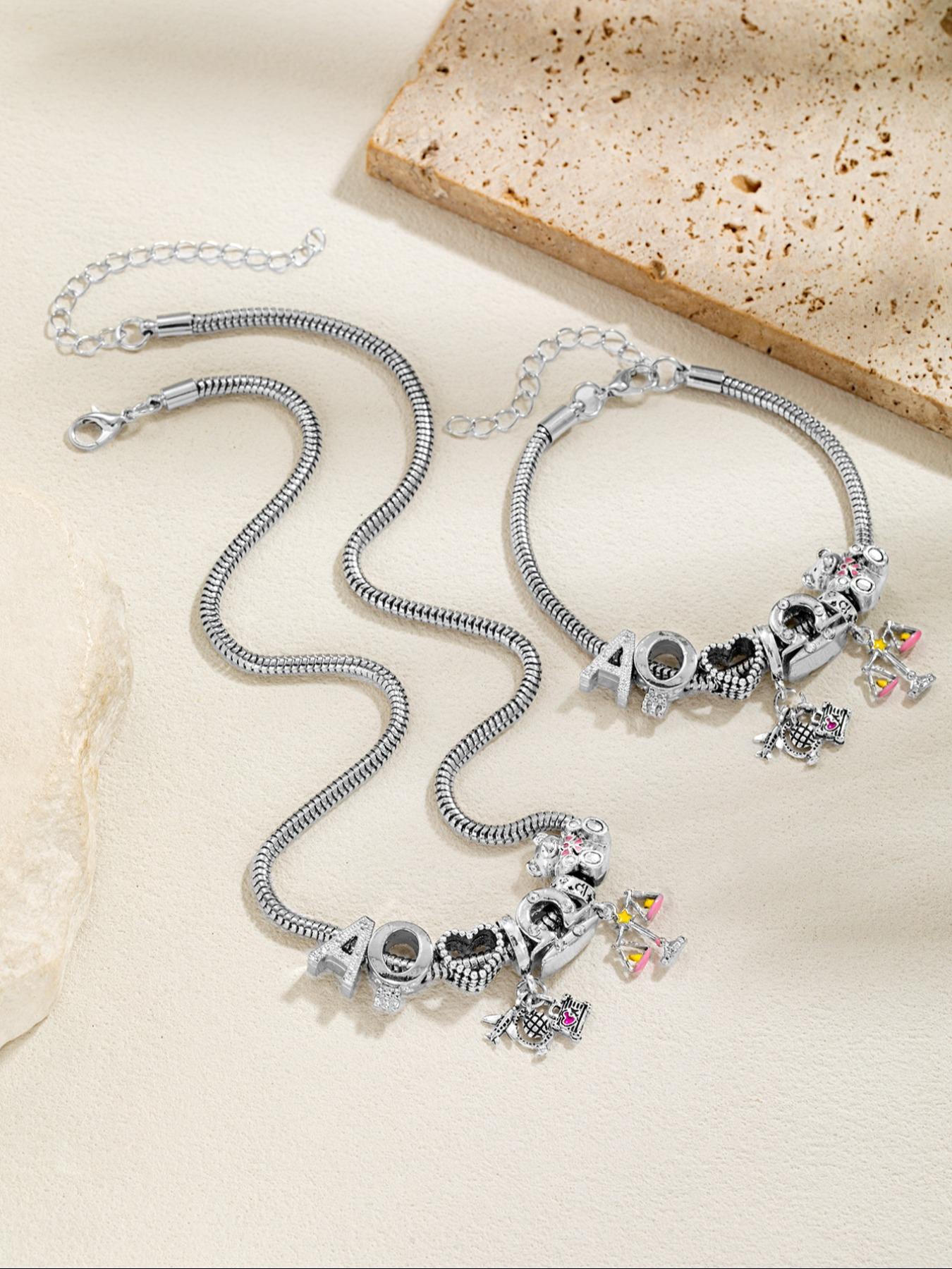 Elegant Bear Zodiac Pendant Necklace Bracelet Set, Zircon Heart Letter Jewelry for Women, Perfect Gift for Holidays Birthdays, Zirconia Jewelry Set